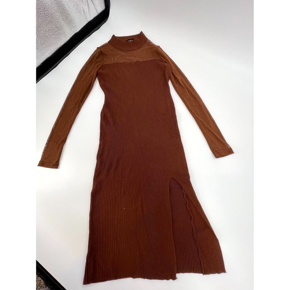 Almost Famous Maxi Dress Womens Medium Brown Ribbed Mesh Mock Neck Side Slit